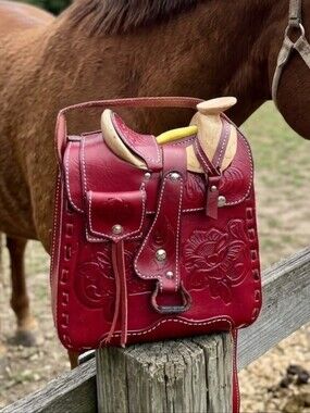 Hand-Tooled Red Leather Floral Crossbody Bag NWOT